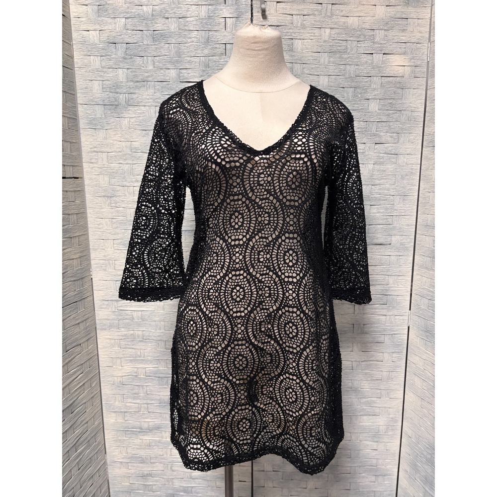 J Valdi Womens Small Swim Cover Up Dress Black Crochet Lace V-Neck Sheer Tunic